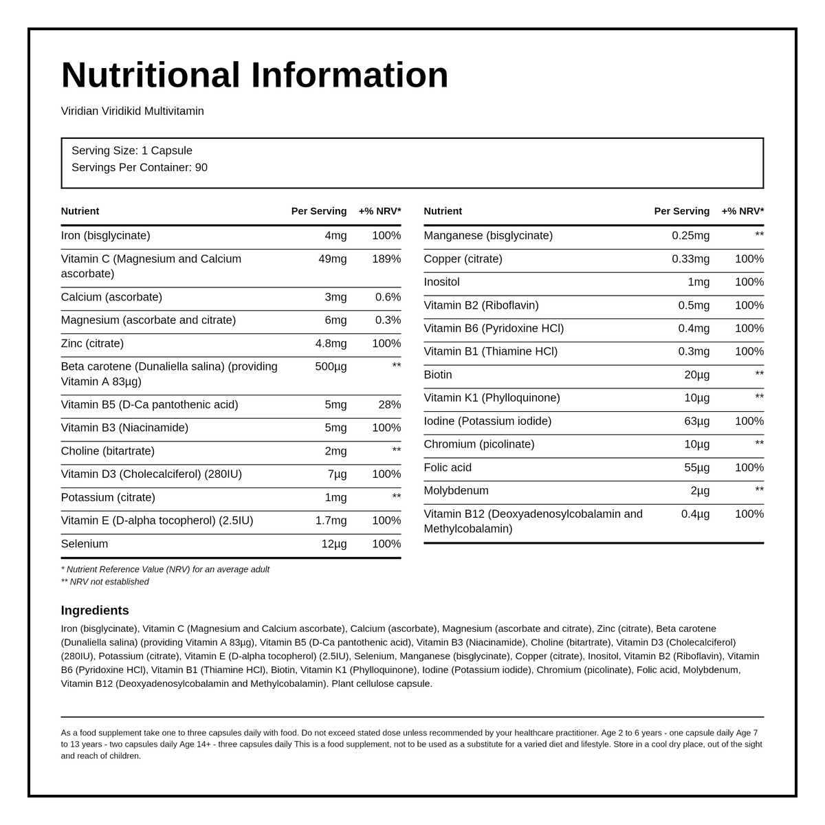Viridian ViridiKid Multivitamin & Mineral Mini — nutrition information panel, generated from the pack
