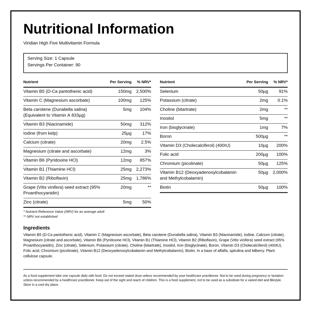 Viridian HIGH FIVE Multivit & Mineral Formula — nutrition information panel, generated from the pack
