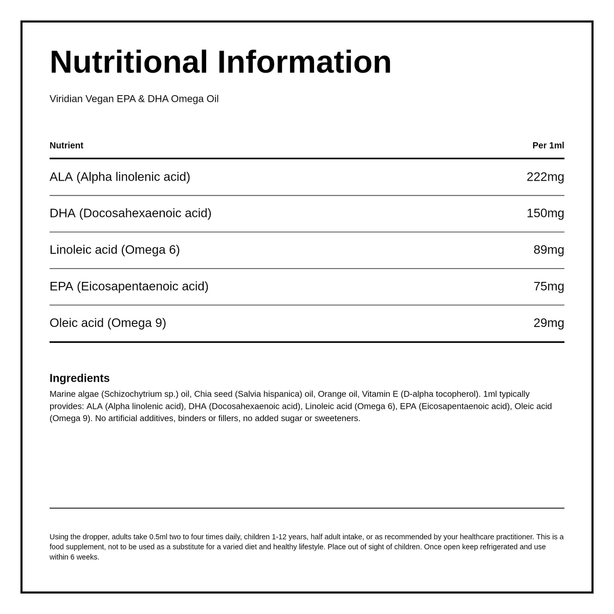Viridian Vegan EPA & DHA Oil — nutrition information panel, generated from the pack