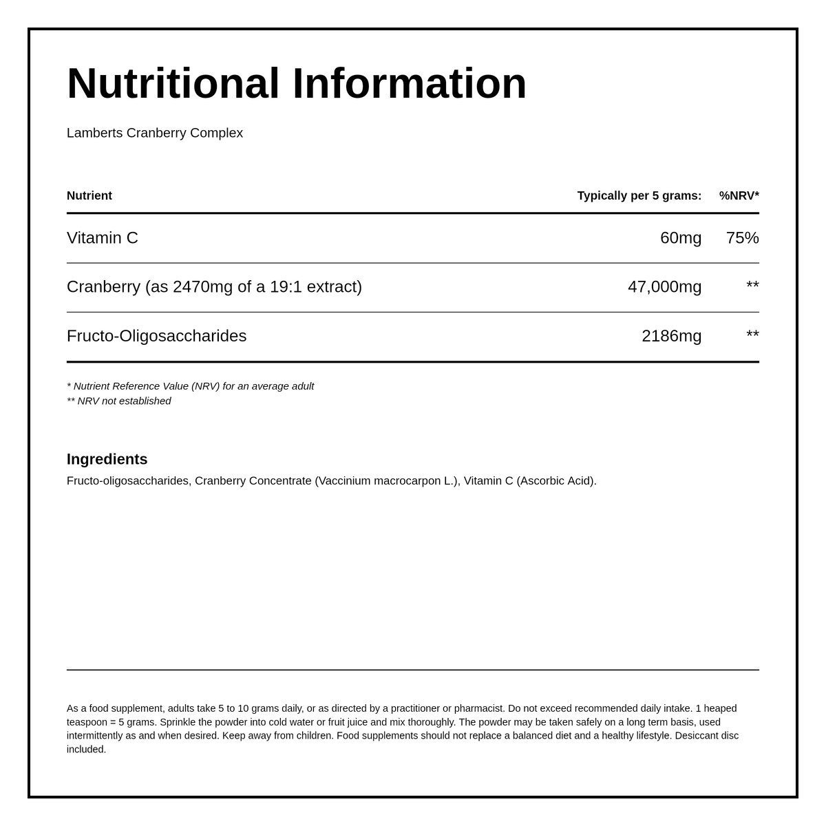 LAMBERTS Cranberry Complex Powder — nutrition information panel, generated from the pack