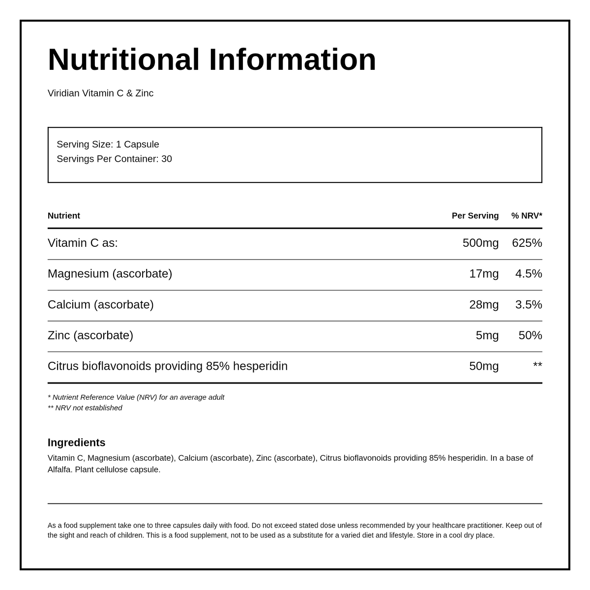 Viridian Vitamin C 500mg with Zinc — nutrition information panel, generated from the pack