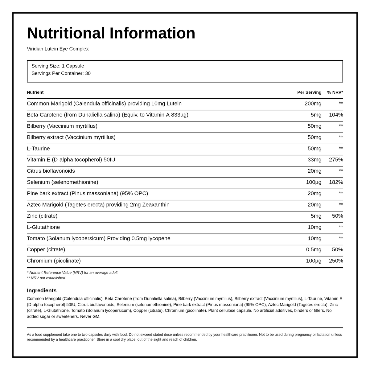 Viridian Lutein Eye Complex — nutrition information panel, generated from the pack