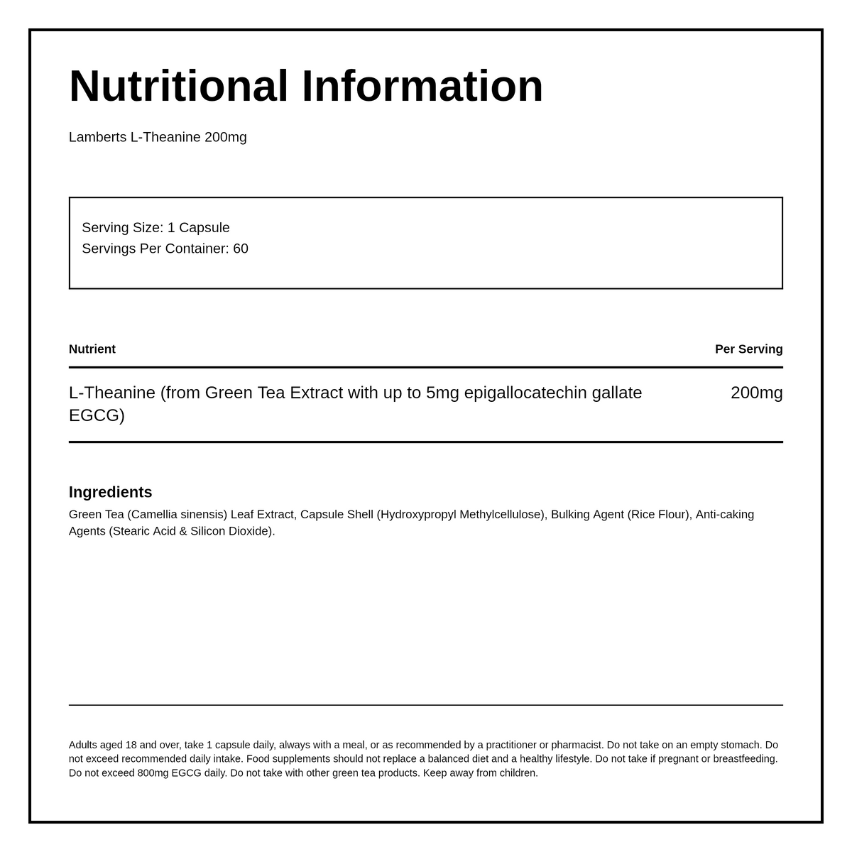 LAMBERTS L-THEANINE 200mg Capsules Fast Release — nutrition information panel, generated from the pack