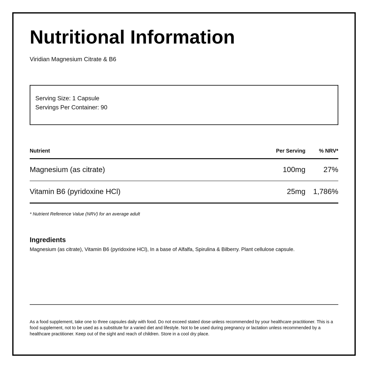 Viridian Magnesium Citrate (100mg) w/ B6 (25mg) — nutrition information panel, generated from the pack