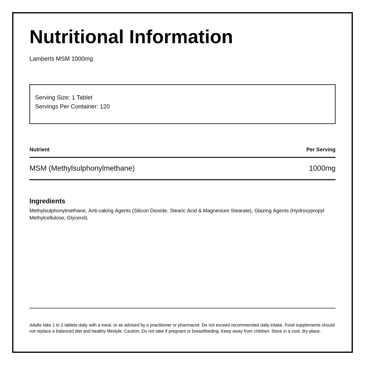 LAMBERTS MSM 1000mg — nutrition information panel, generated from the pack