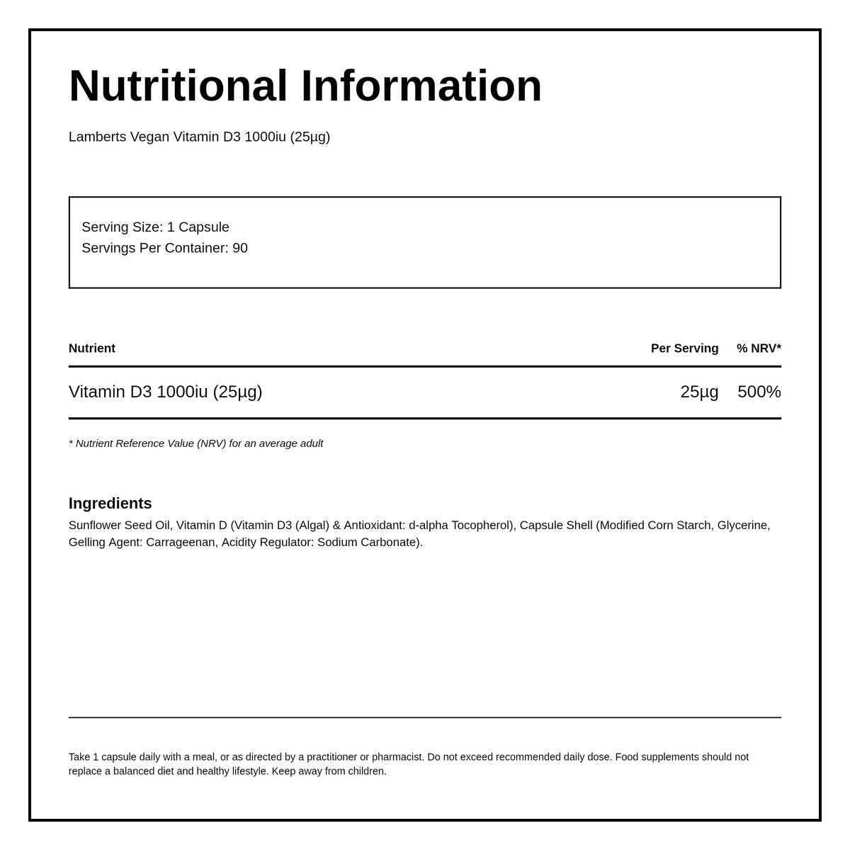 LAMBERTS Vegan Vitamin D3 1000iu (25µg) — nutrition information panel, generated from the pack