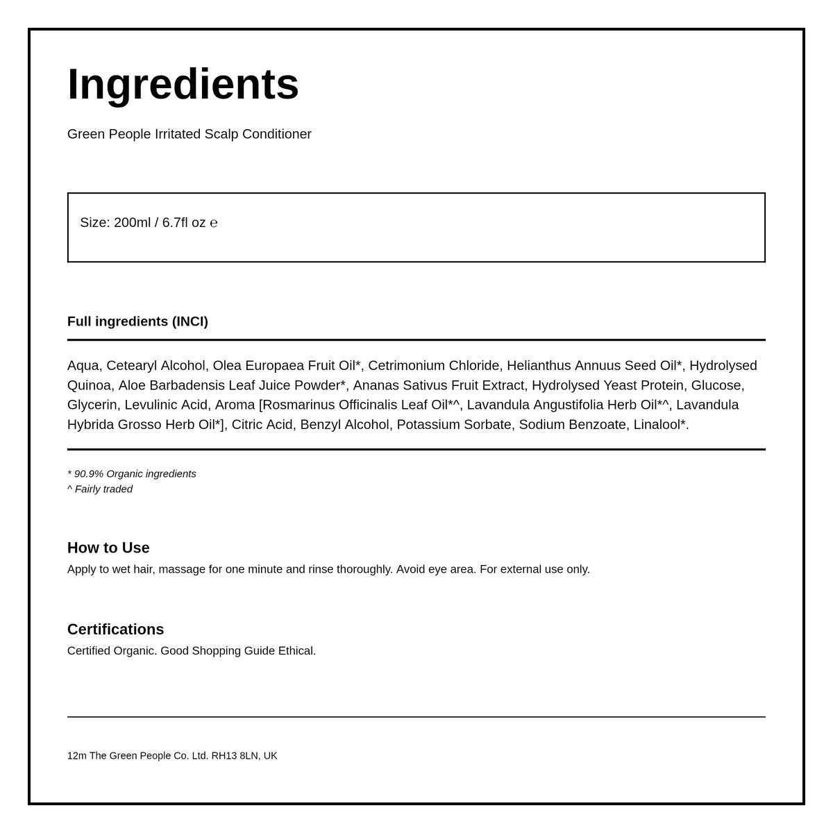 Green People Stimulating Conditioner For Oily Hair & Itchy Scalp — ingredients (INCI) panel, generated from the pack