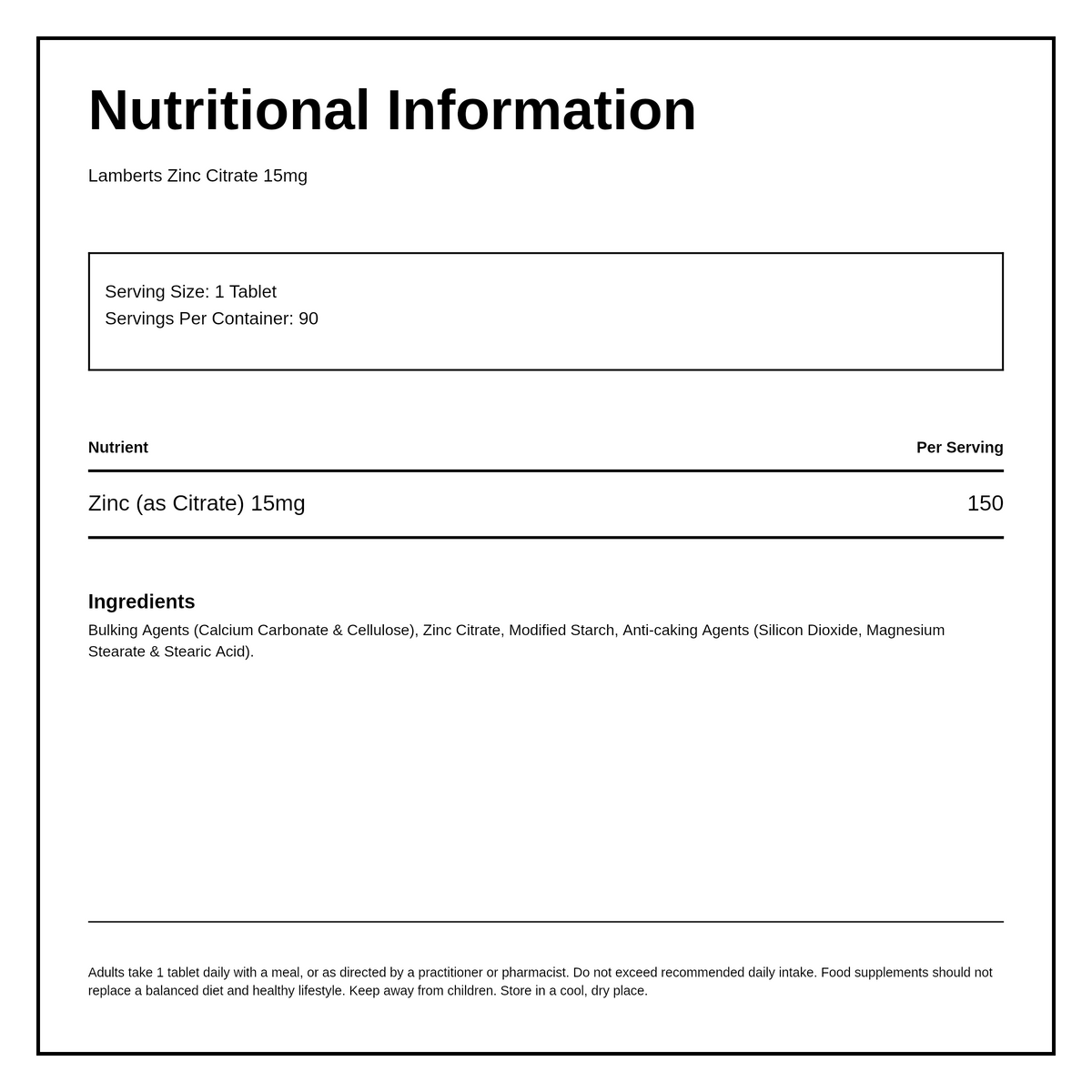 LAMBERTS Zinc 15mg (as Citrate) — nutrition information panel, generated from the pack
