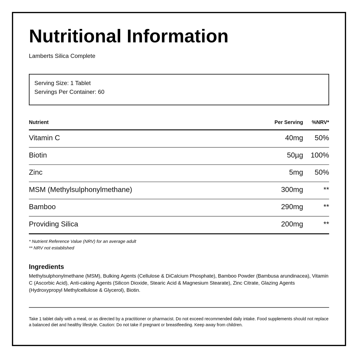 LAMBERTS Silica Complete — nutrition information panel, generated from the pack