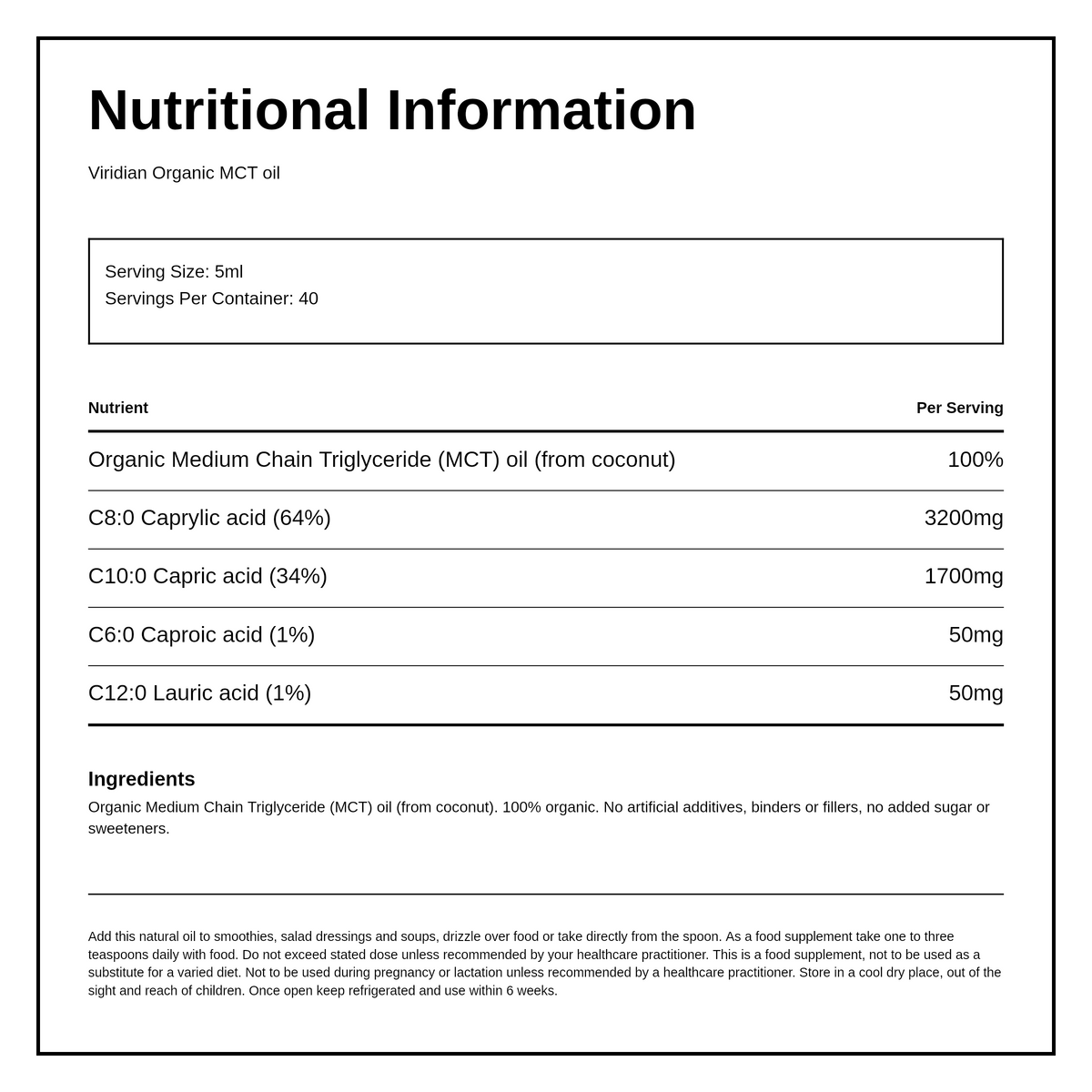 Viridian Organic MCT Oil — nutrition information panel, generated from the pack