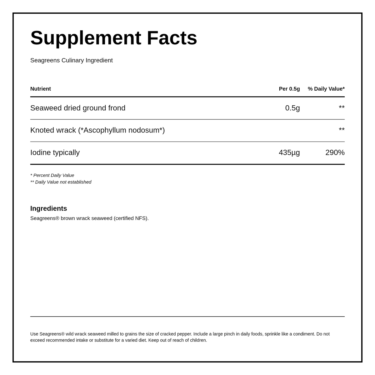 Seagreens Culinary Ingredient — nutrition information panel, generated from the pack