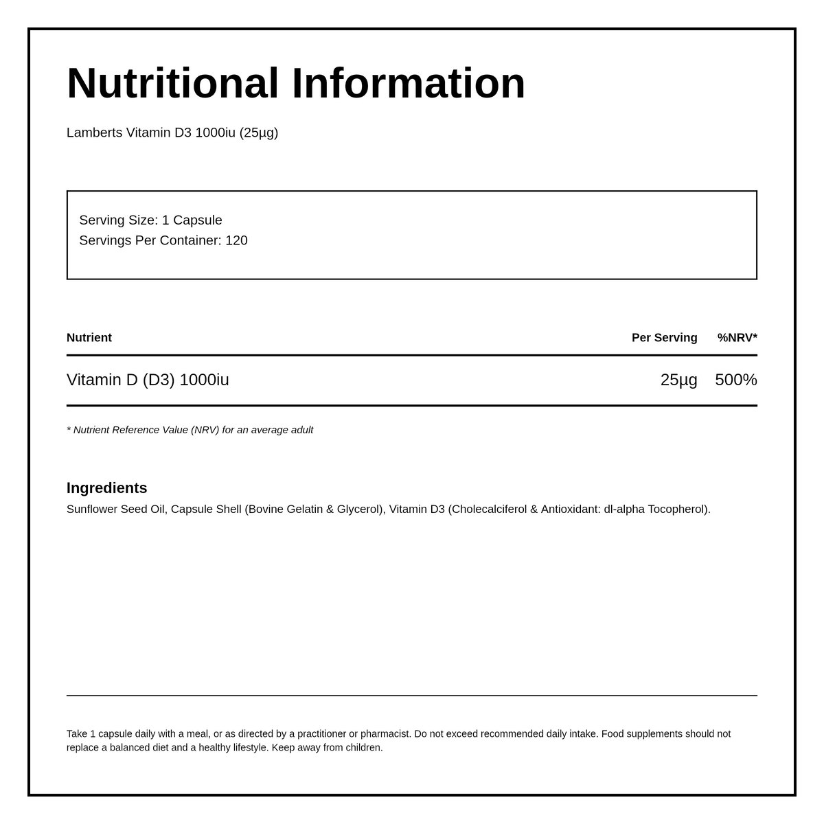 LAMBERTS Vitamin D3 1000iu — nutrition information panel, generated from the pack