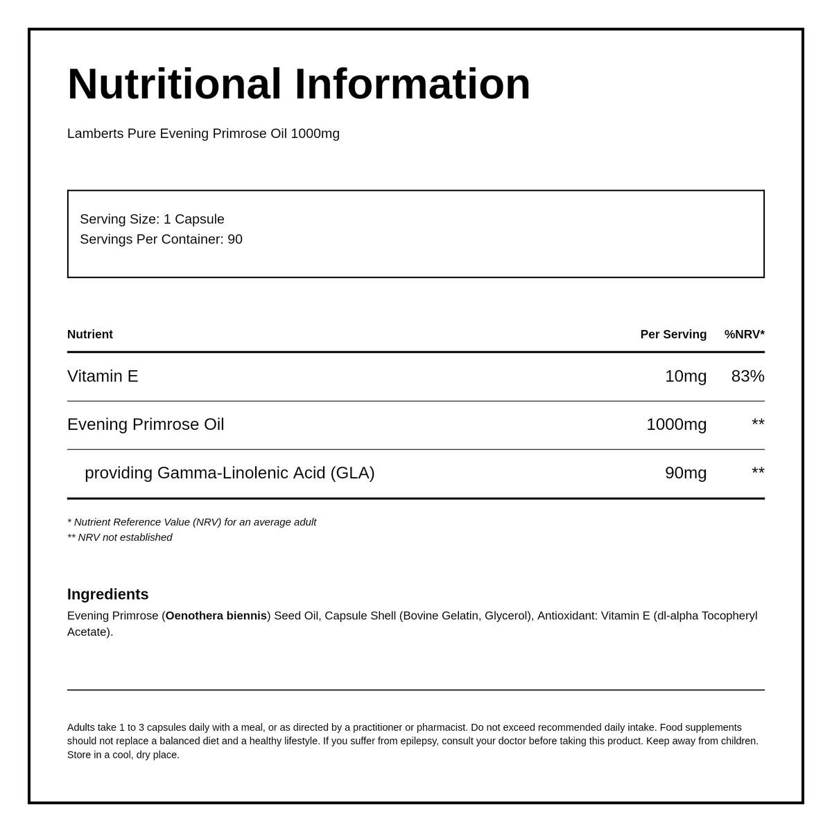 LAMBERTS Pure Evening Primrose Oil 1000mg — nutrition information panel, generated from the pack