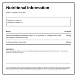 Viridian L-Theanine (200mg) and Lemon Balm — nutrition information panel, generated from the pack