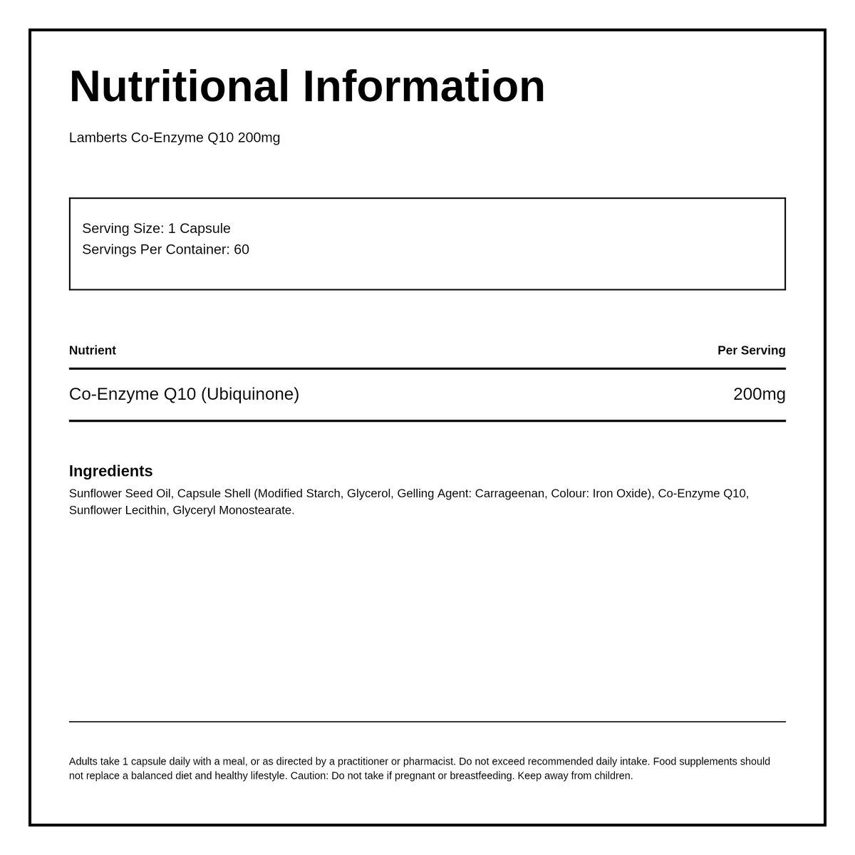 LAMBERTS CO ENZYME Q 10 200mg — nutrition information panel, generated from the pack