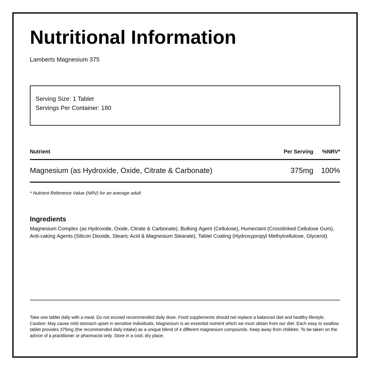 Lamberts Magnesium — nutrition information panel, generated from the pack