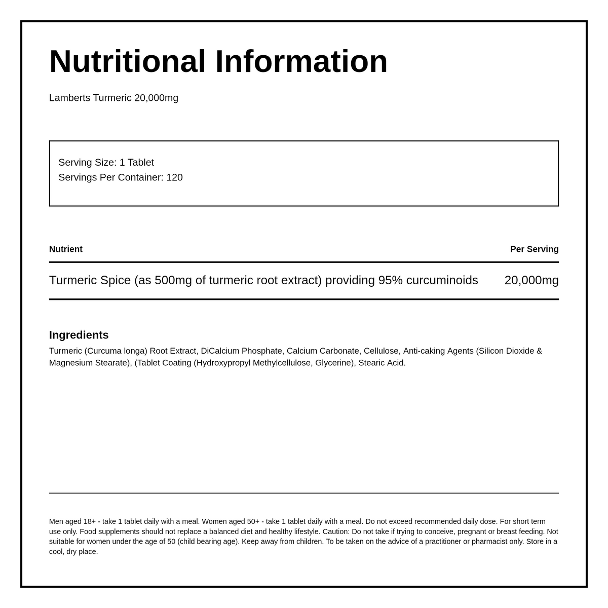 Lamberts Turmeric 20,000mg — nutrition information panel, generated from the pack