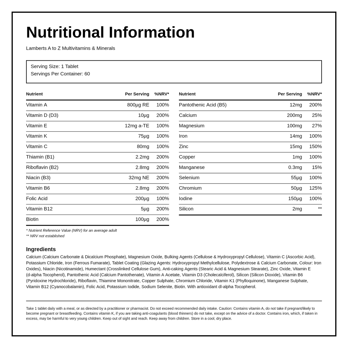 Lamberts A-Z Multi — nutrition information panel, generated from the pack
