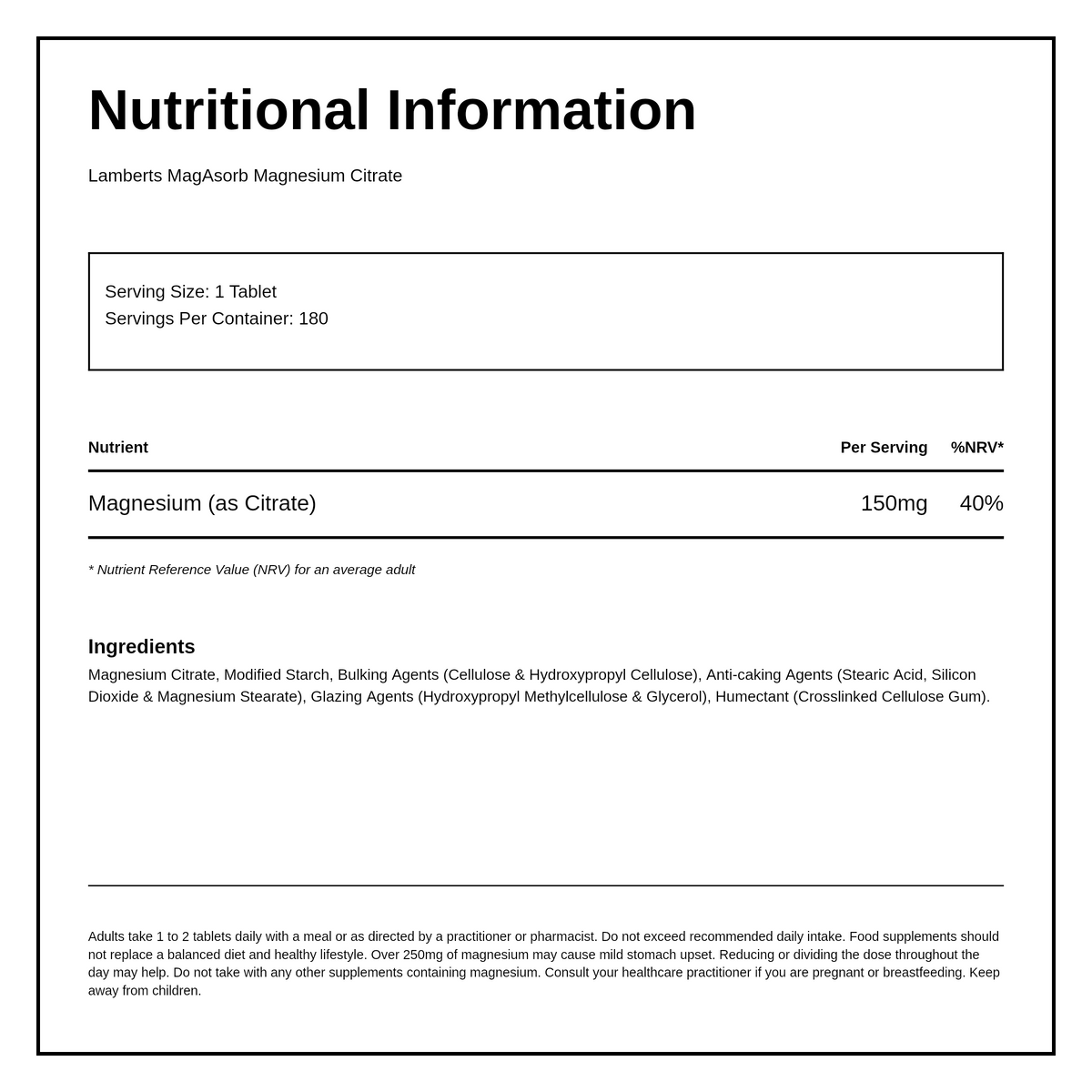 LAMBERTS MagAsorb® Magnesium Citrate 150mg — nutrition information panel, generated from the pack