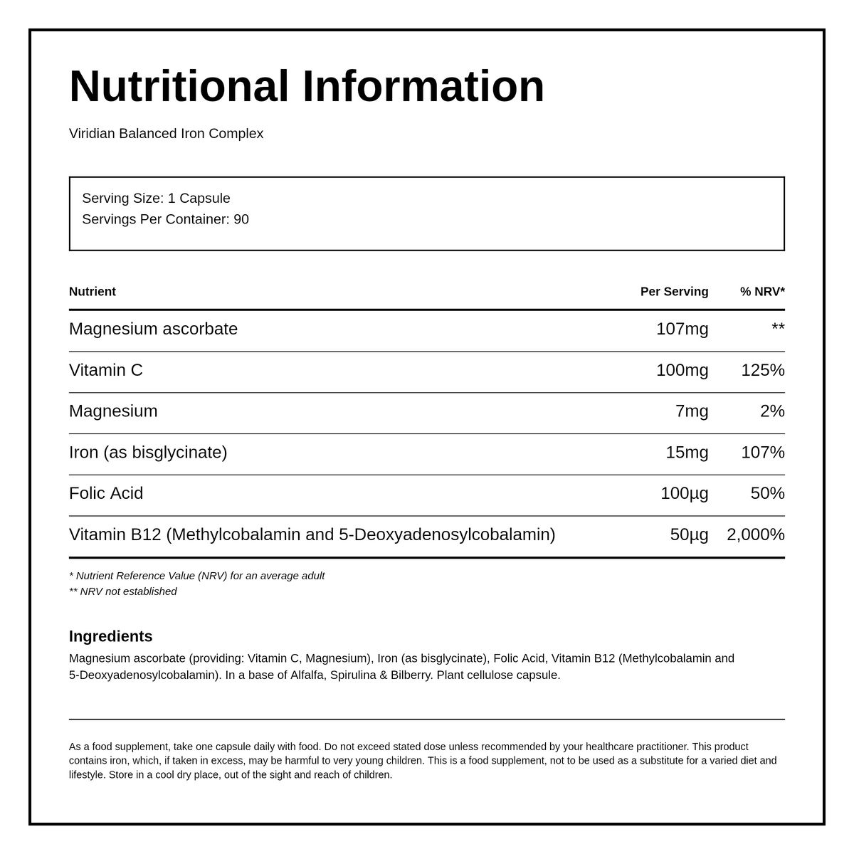 Viridian Balanced Iron (15mg) Complex — nutrition information panel, generated from the pack