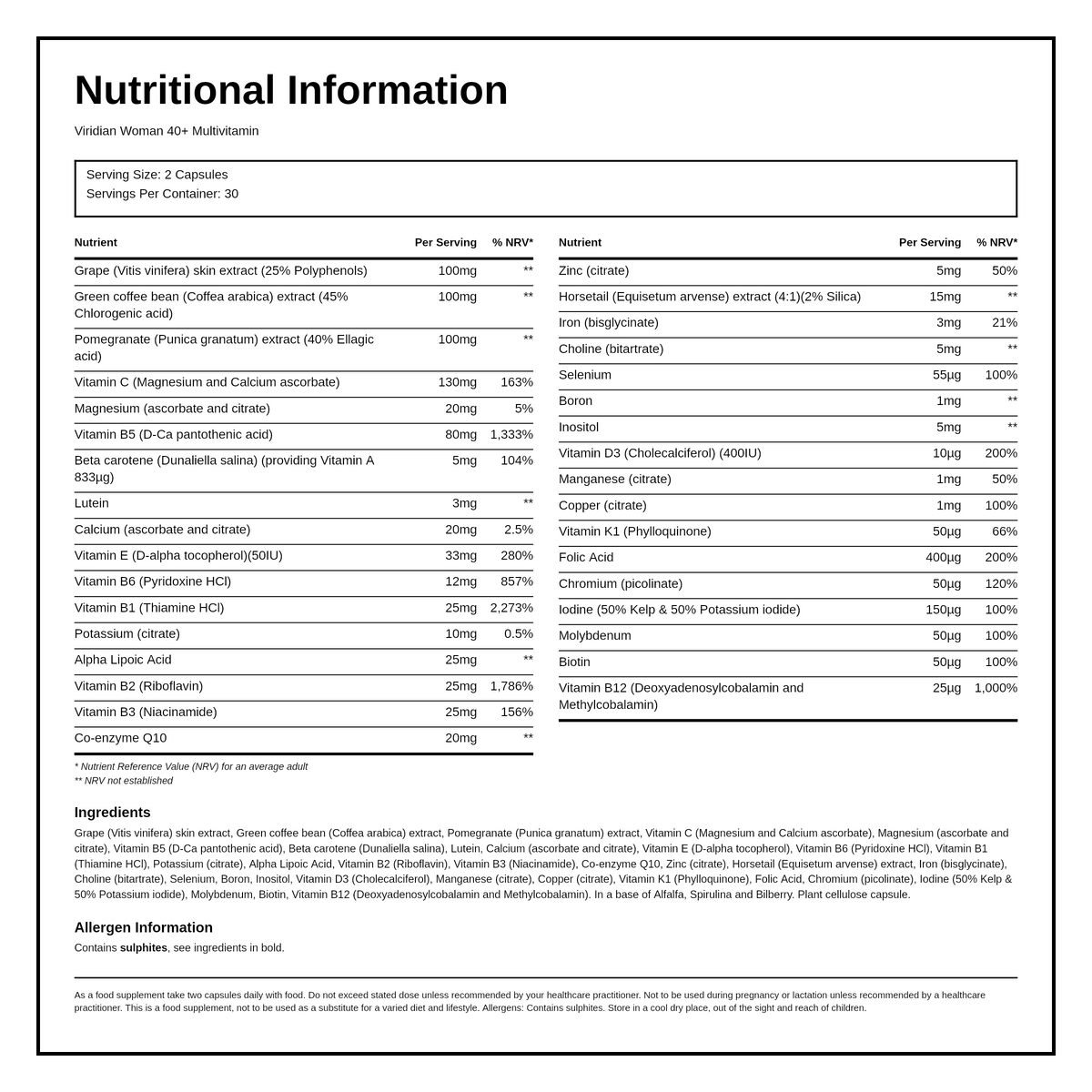 Viridian Woman 40+ Multivitamin — nutrition information panel, generated from the pack