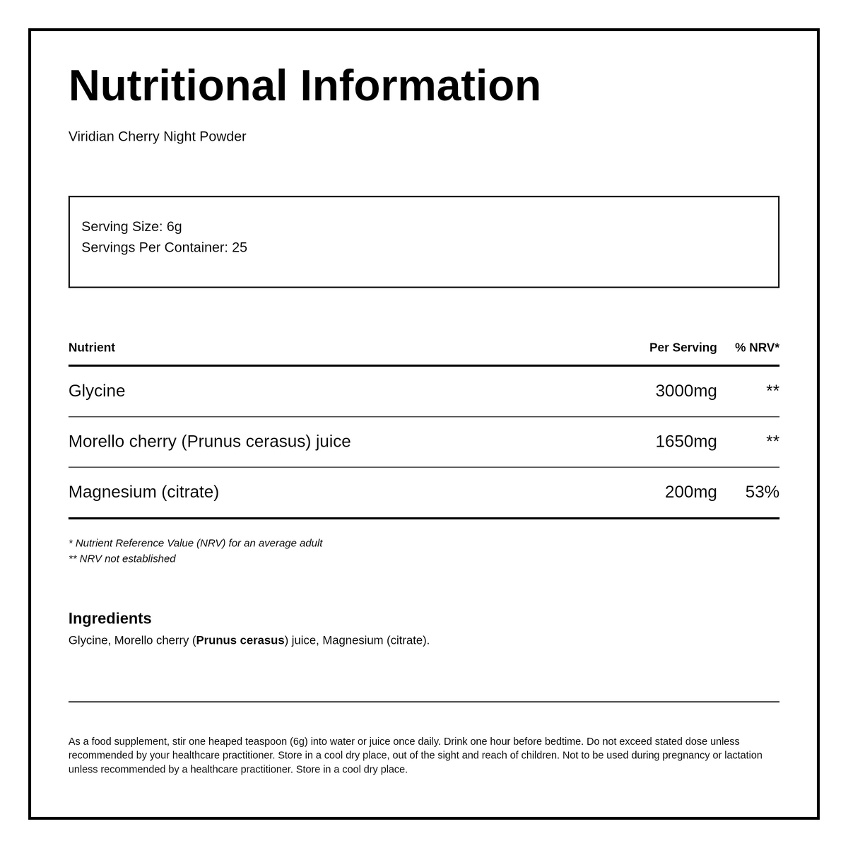Viridian Cherry Night Powder — nutrition information panel, generated from the pack
