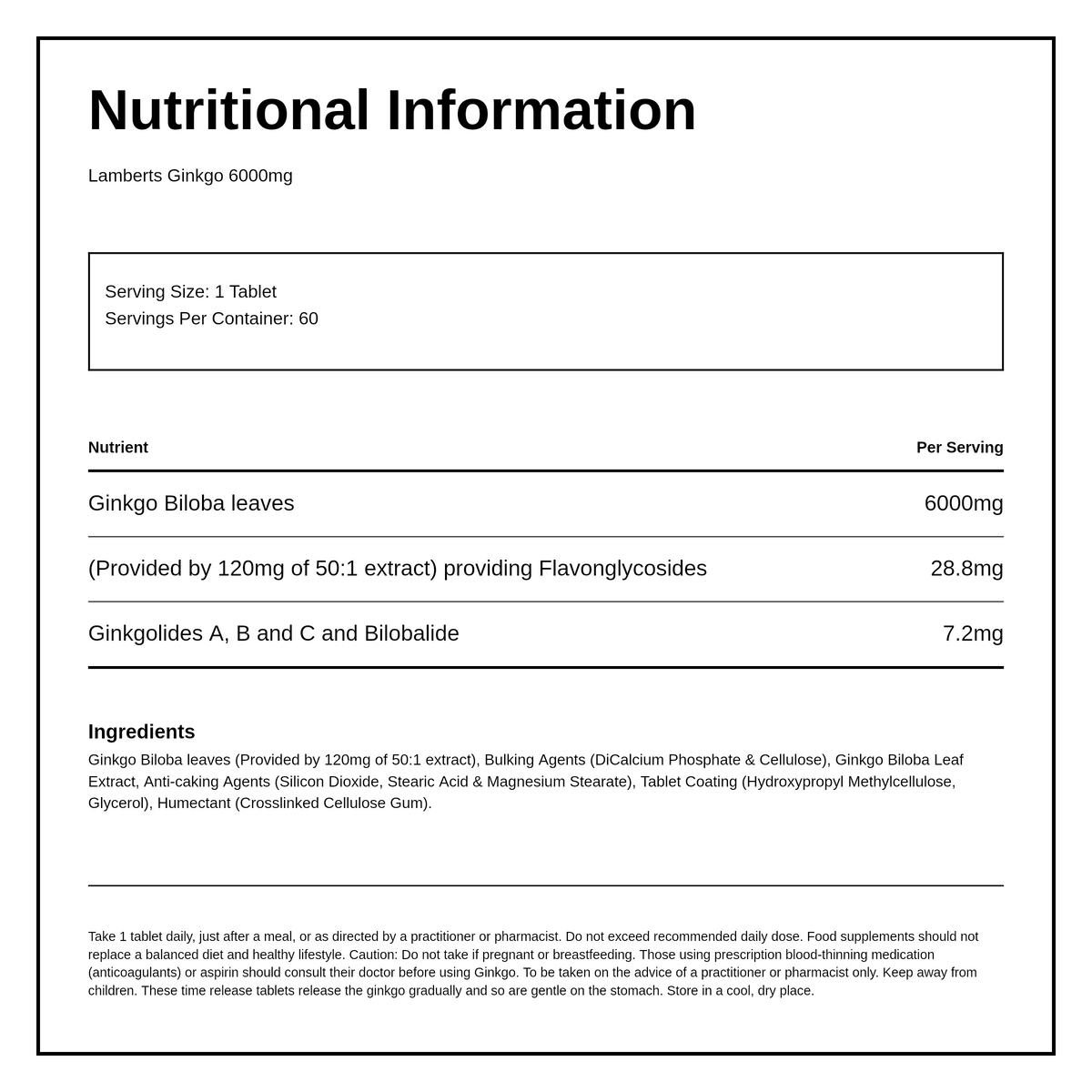 LAMBERTS GINKGO 6000mg EXTRA HIGH STRENGTH — nutrition information panel, generated from the pack