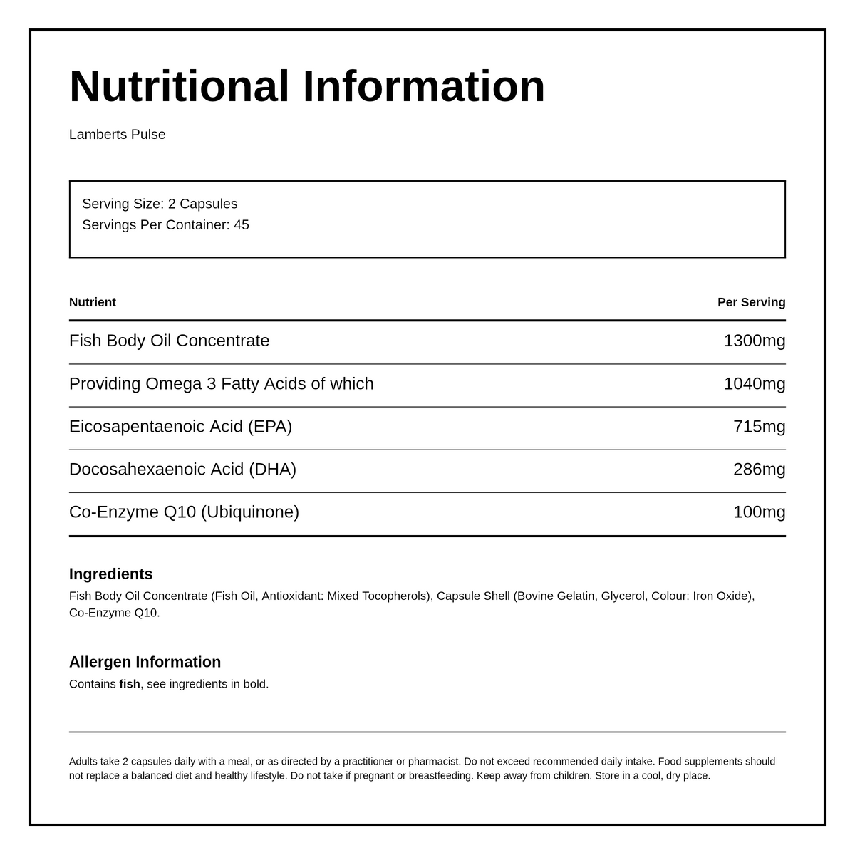 Lamberts Pulse — nutrition information panel, generated from the pack