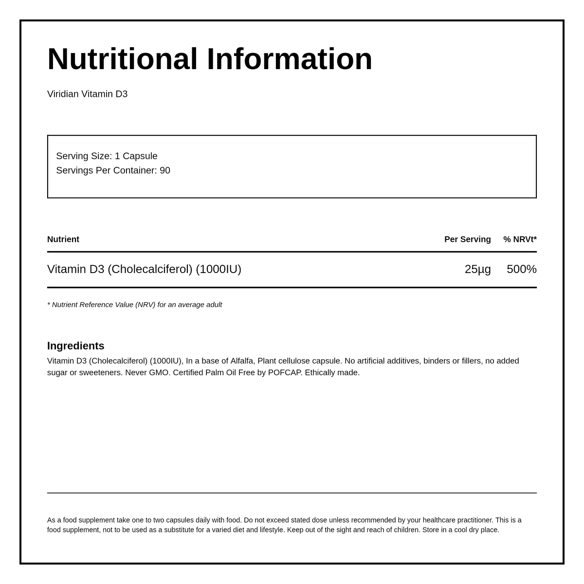 Viridian Vitamin D3 1000iu — nutrition information panel, generated from the pack