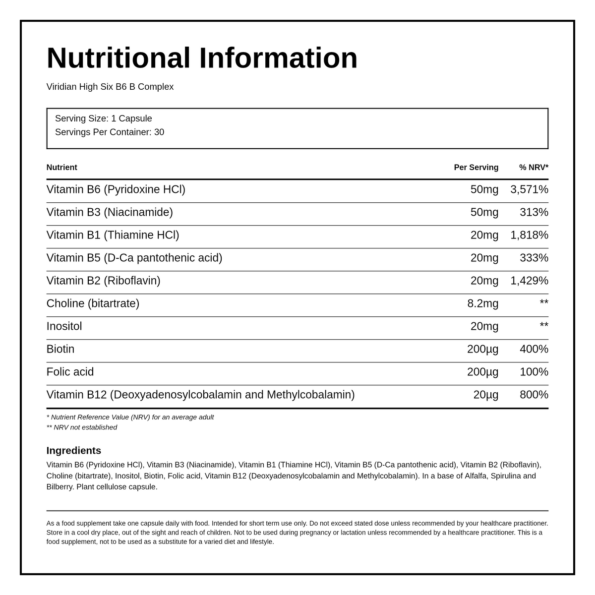 Viridian High Six B6 B-Complex — nutrition information panel, generated from the pack