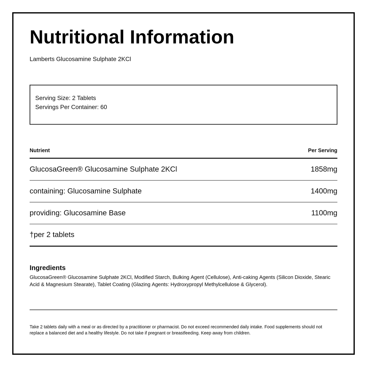 LAMBERTS GLUCOSAMINE SULPHATE 2KCl — nutrition information panel, generated from the pack