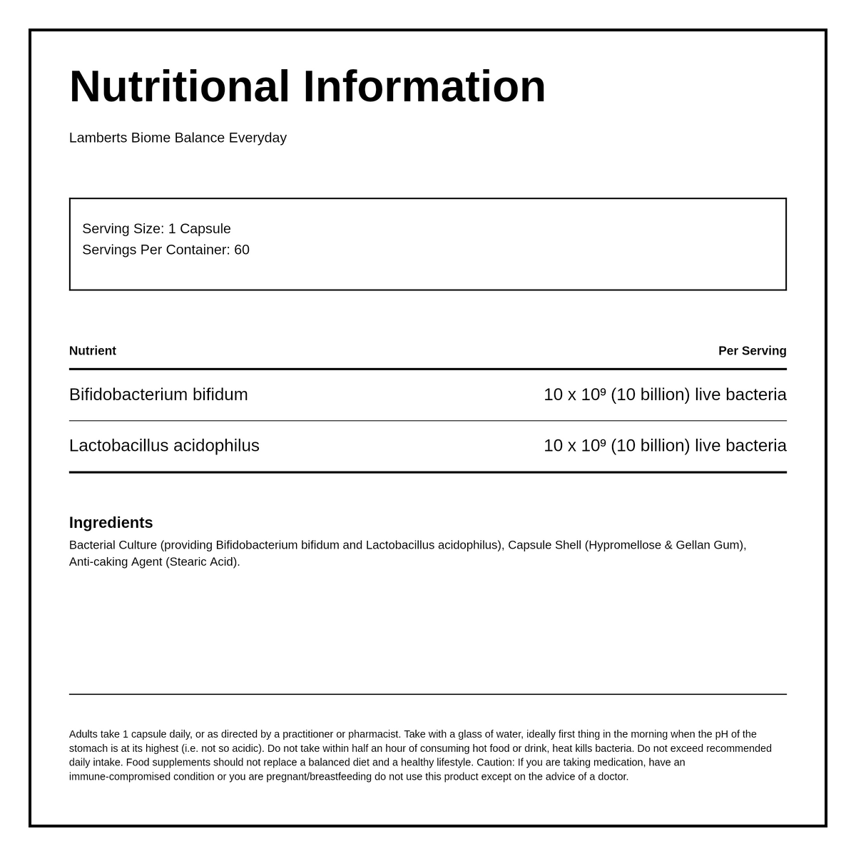 Lamberts Biome Balance Everyday — nutrition information panel, generated from the pack