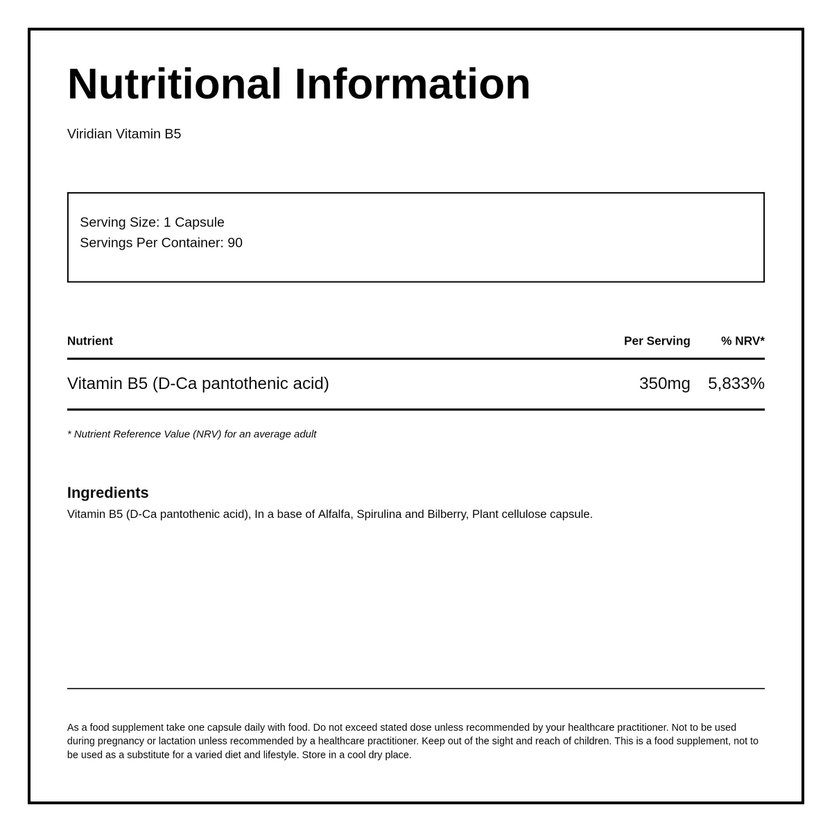 Viridian Vitamin B5 350mg — nutrition information panel, generated from the pack
