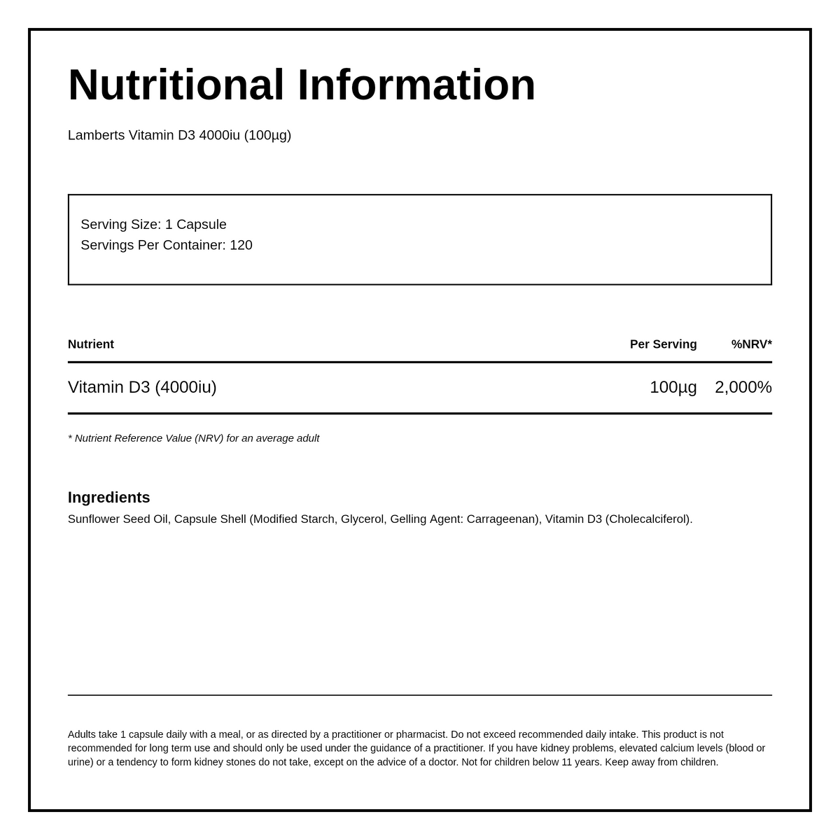 LAMBERTS Vitamin D3 4000 IU (100mcg) — nutrition information panel, generated from the pack