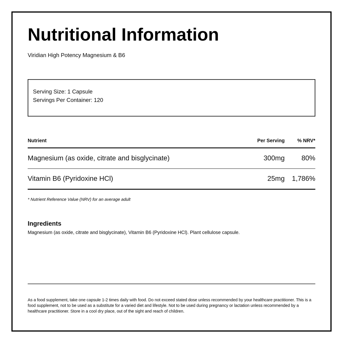 Viridian Hi-Potency Magnesium (300mg) w/ B6 (25mg) — nutrition information panel, generated from the pack