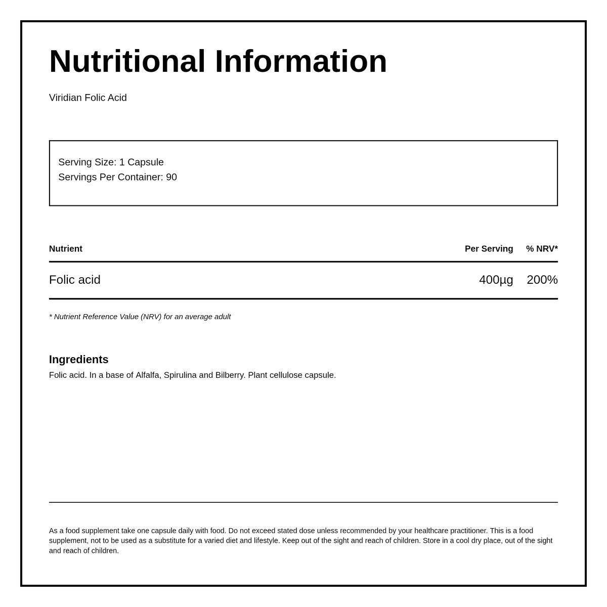Viridian Folic Acid 400ug — nutrition information panel, generated from the pack