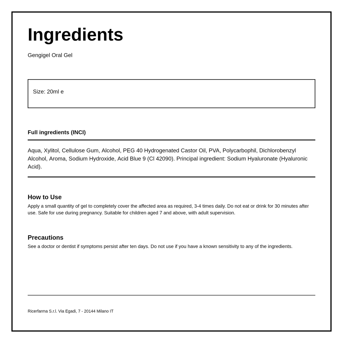 Gengigel Gel — ingredients (INCI) panel, generated from the pack
