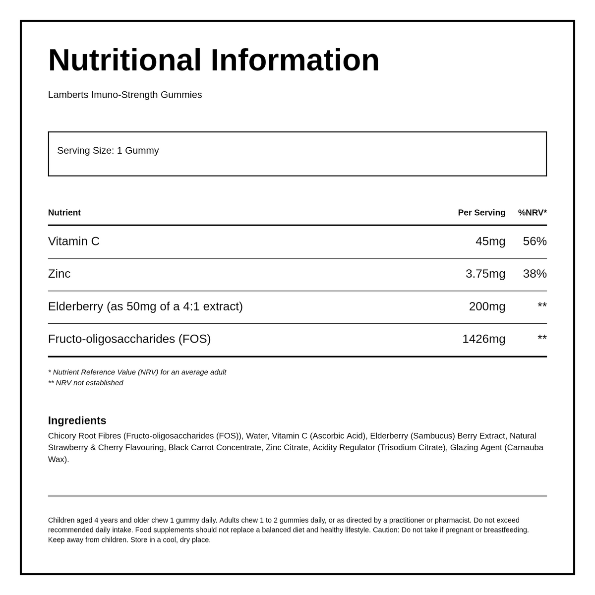 Lamberts Immuno - Strength Gummies 60s — nutrition information panel, generated from the pack