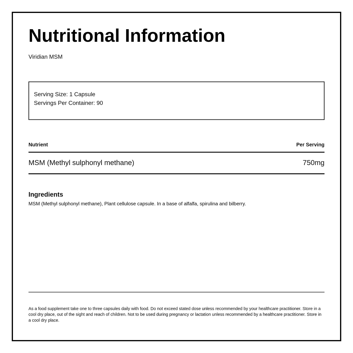 Viridian MSM (Methyl Sulfonyl Methane) — nutrition information panel, generated from the pack