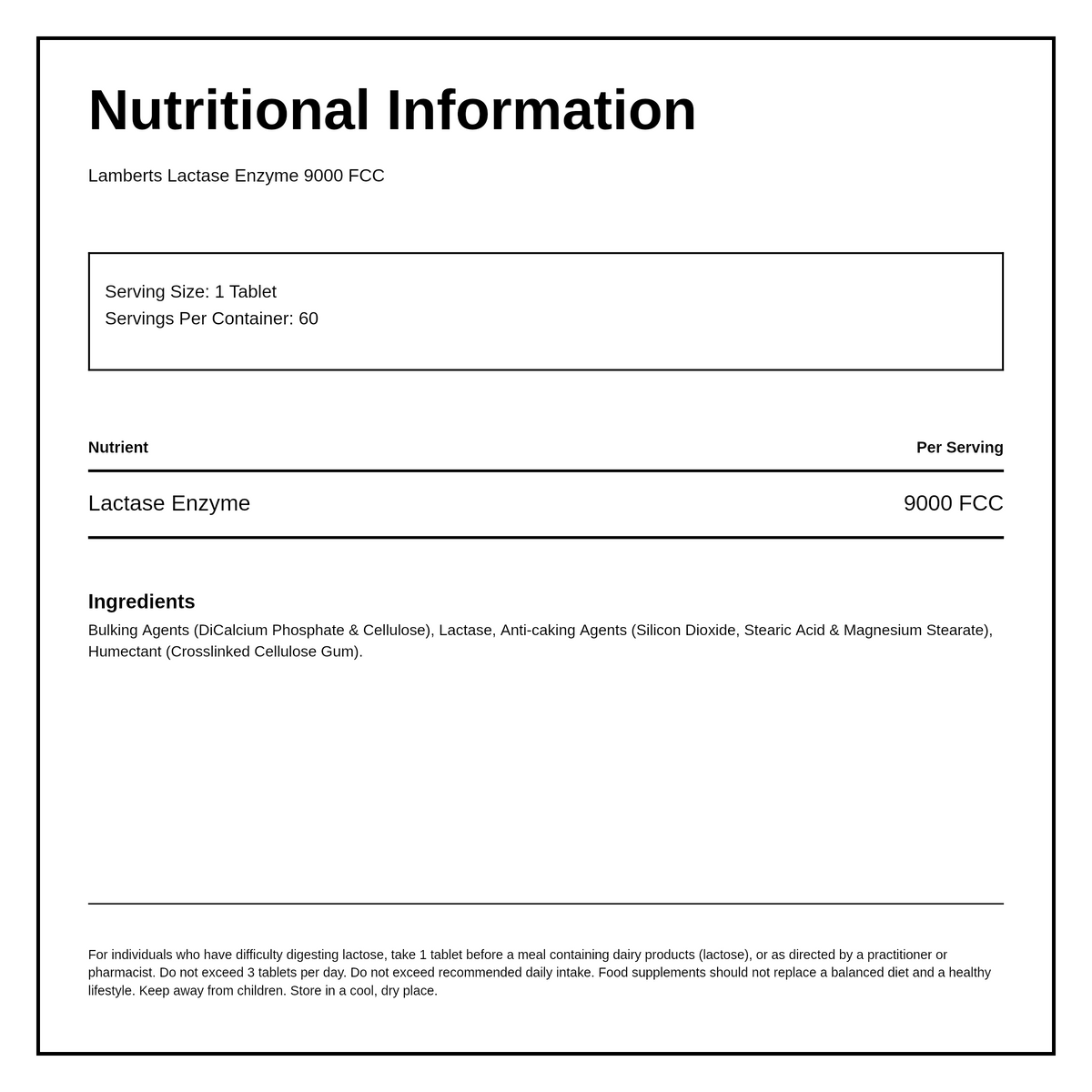 LAMBERTS Lactase Enzyme 9000FCC Super Strength — nutrition information panel, generated from the pack