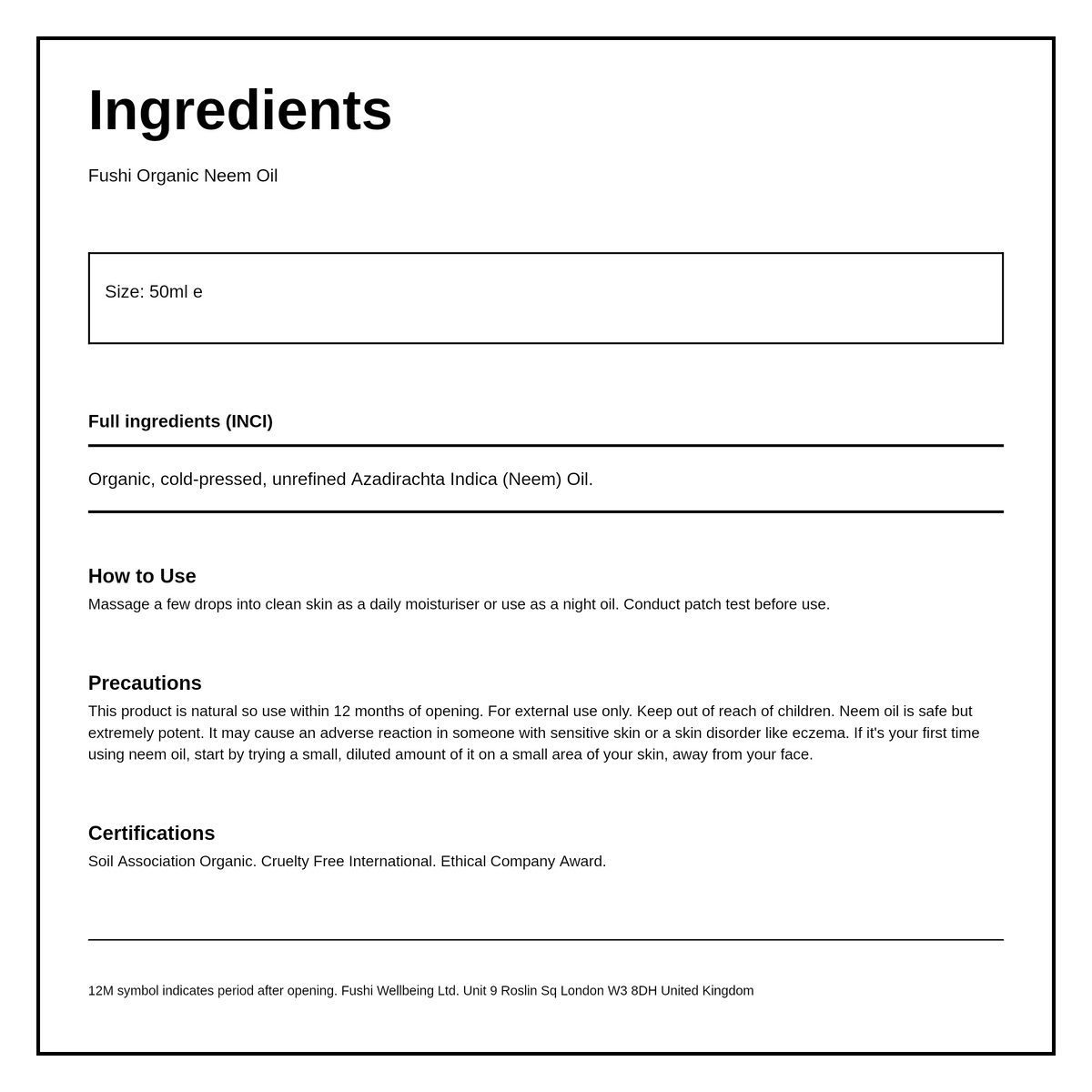 Fushi Wellbeing Neem Oil — ingredients (INCI) panel, generated from the pack
