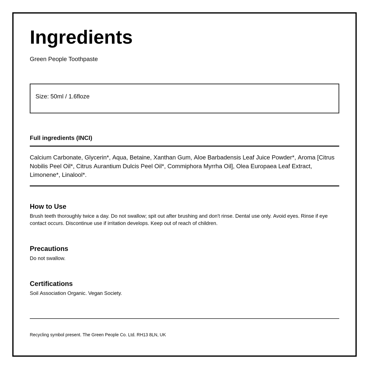 Green People Organic Children Mandarin & Aloe Vera Toothpaste — ingredients (INCI) panel, generated from the pack