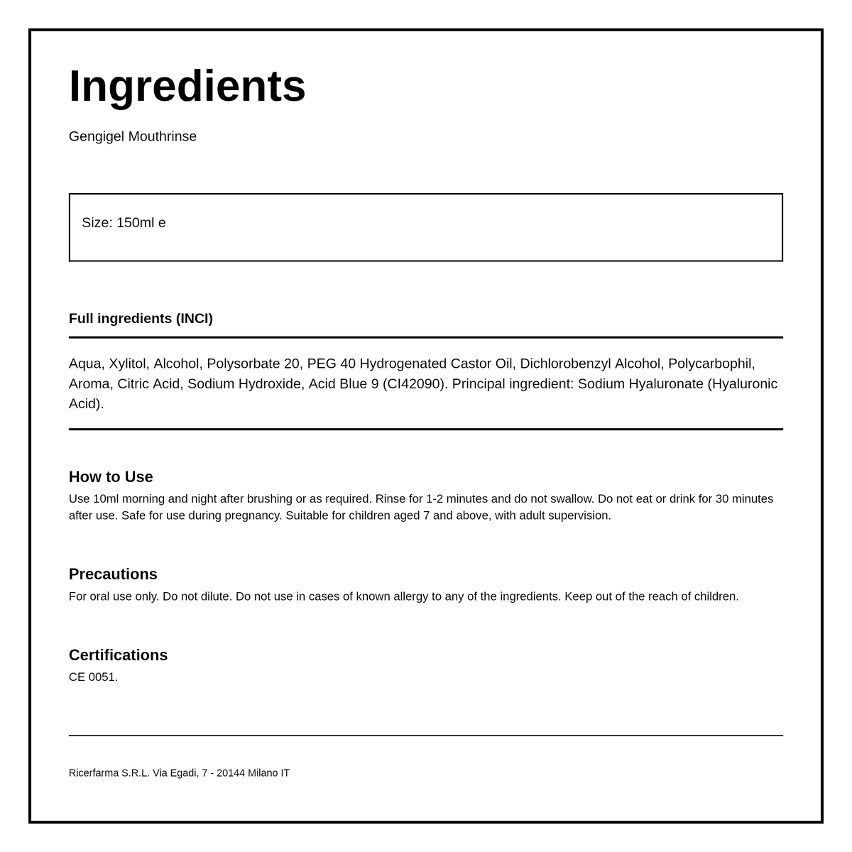 Gengigel Mouthrinse — ingredients (INCI) panel, generated from the pack