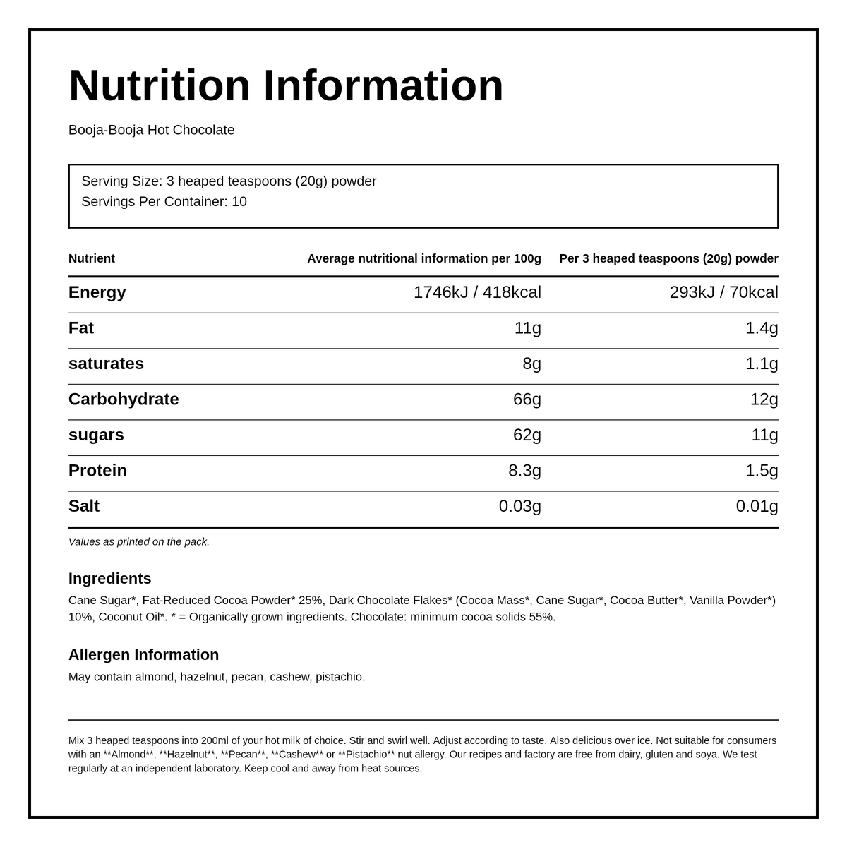Booja-Booja Hot Chocolate — nutrition information panel, generated from the pack