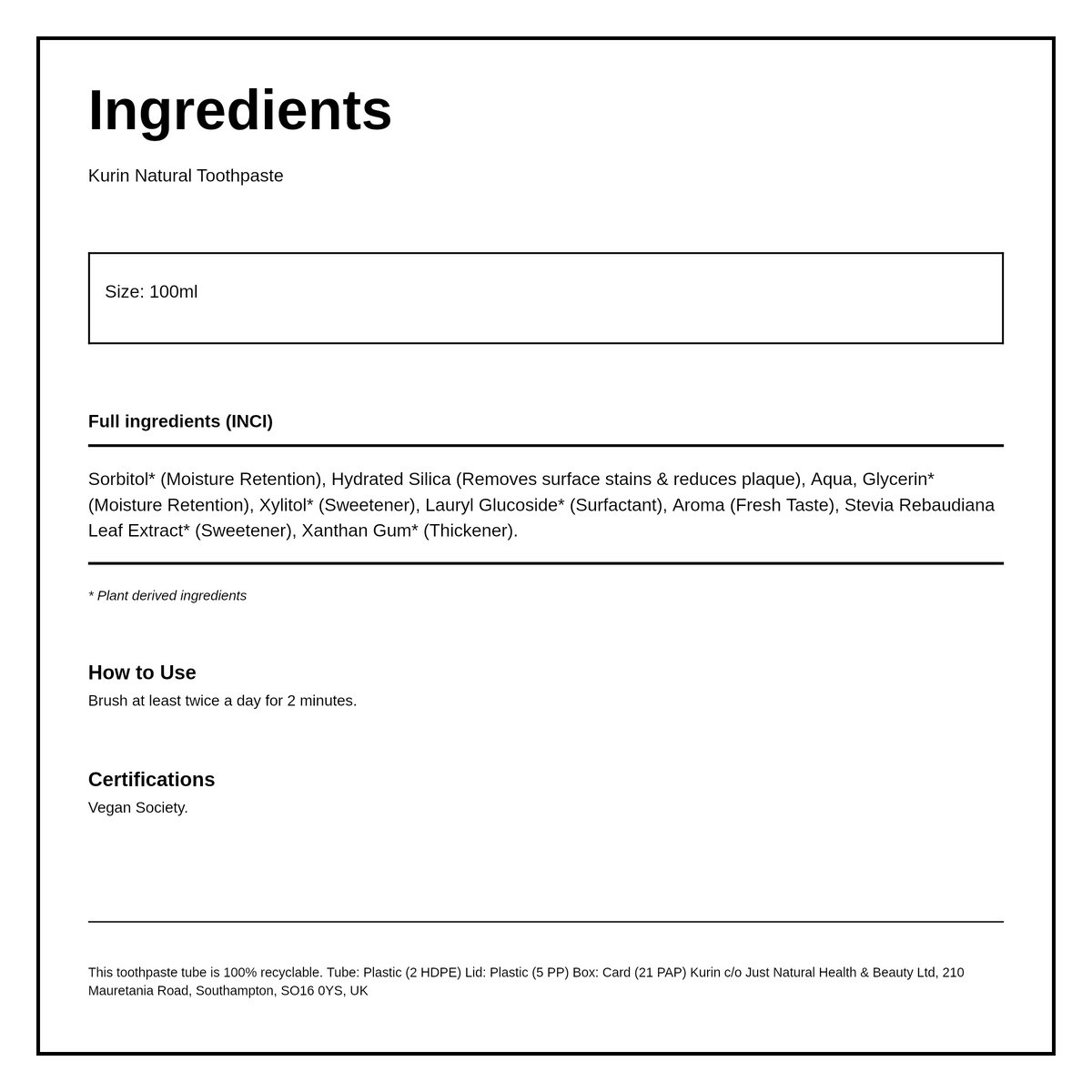 Kurin Fluoride Free Natural Toothpaste - Fennel — ingredients (INCI) panel, generated from the pack