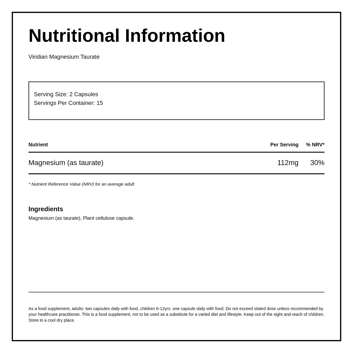 Viridian Magnesium Taurate — nutrition information panel, generated from the pack