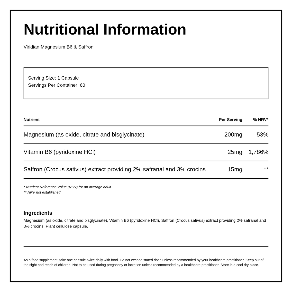 Viridian Magnesium B6 & Saffron — nutrition information panel, generated from the pack