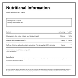 Viridian Magnesium B6 & Saffron — nutrition information panel, generated from the pack