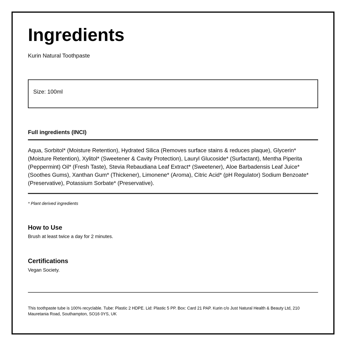 Kurin Fluoride Free Natural Aloe Vera Toothpaste - Peppermint — ingredients (INCI) panel, generated from the pack