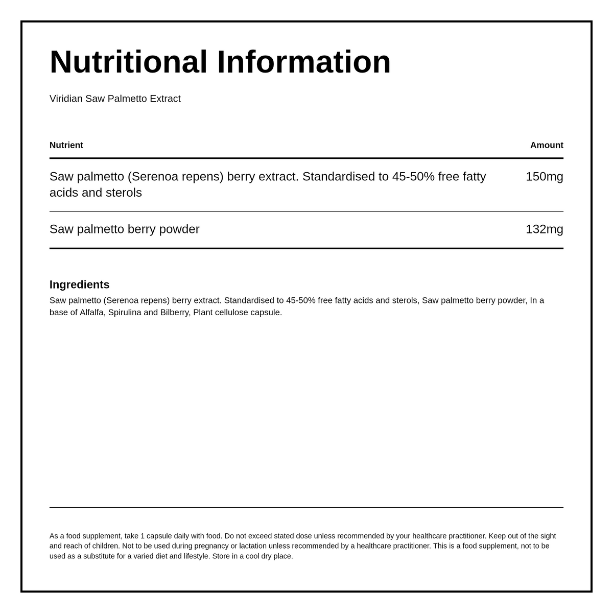 Viridian Saw Palmetto Berry Extract — nutrition information panel, generated from the pack